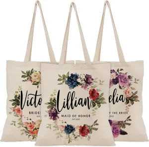 Personalized Wedding Gift Bags for Women w/Name & Text - 6 Floral Designs Customized Bridesmaid Canvas Bag Custom Flower Bride Shoulder Bachelorette Party Bridal Shower Tote C1, Beige