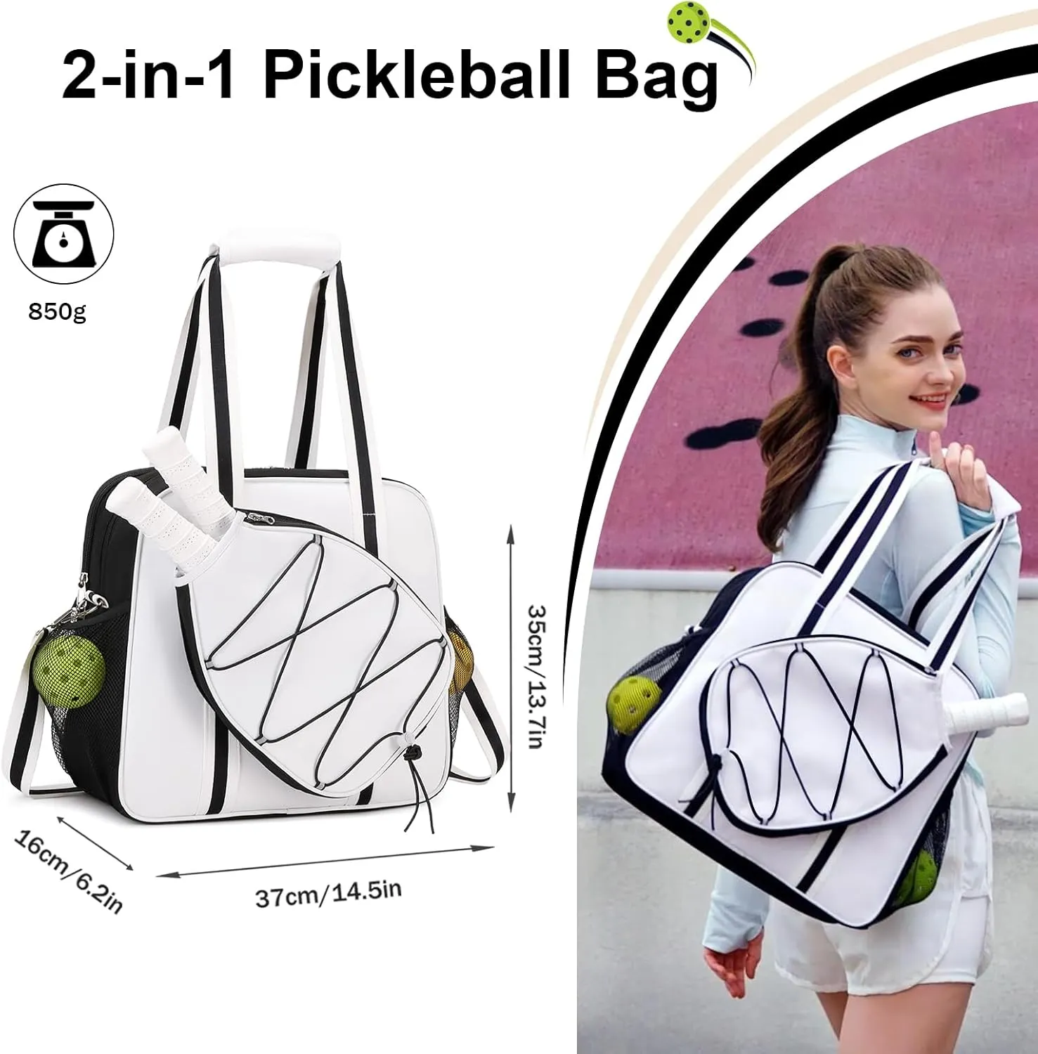 Pickleball Bag, Pickleball Bags for Women Men Teens with Waterproof Pocket & Fence Hook, Pickleball Tote Bag