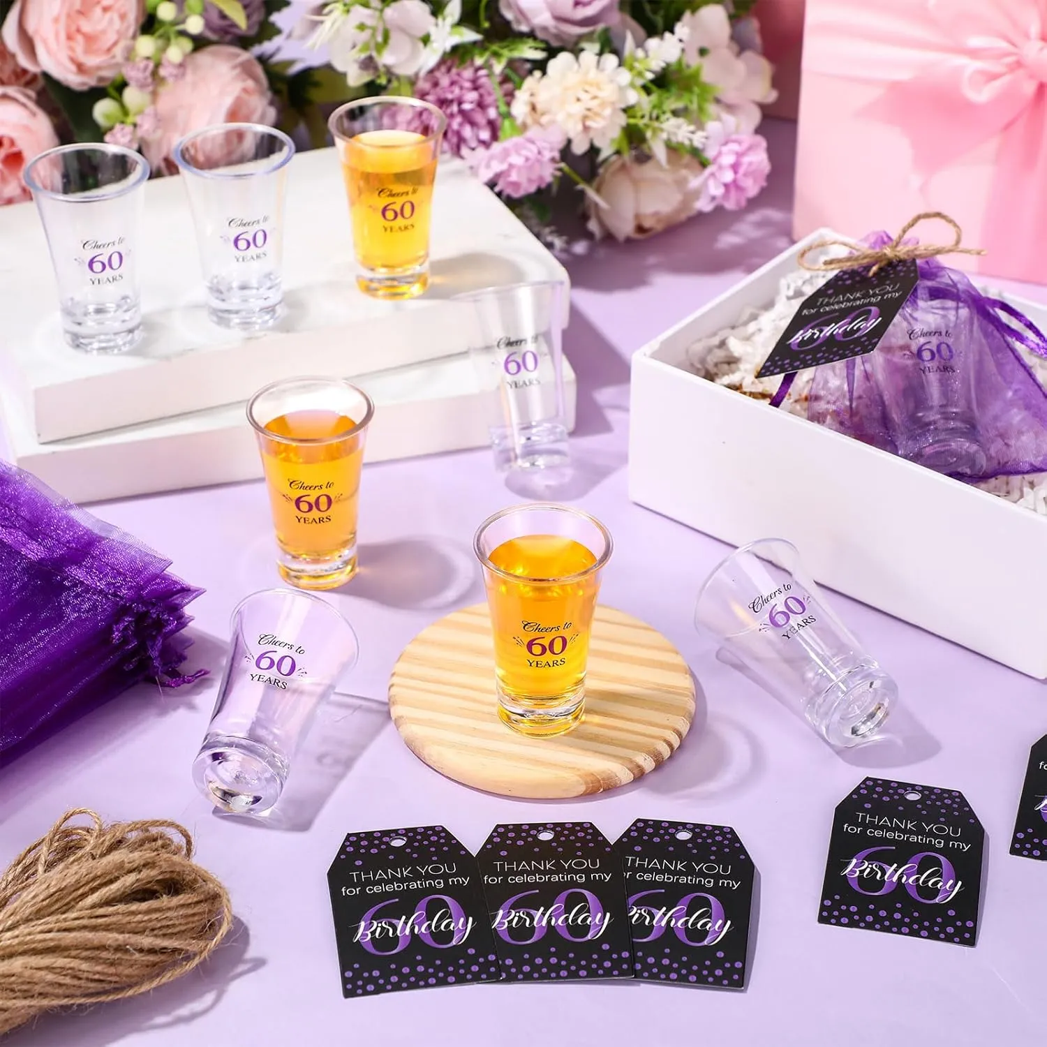 Pickmesh 50 Sets Black Purple Birthday Party Favors for Guests Souvenir 60 Years Old Gift Acrylic Clear Shot Glasses with Thank You Cards and Gift Bags Twine Organza Bags, 60th Birthday Party Supplies