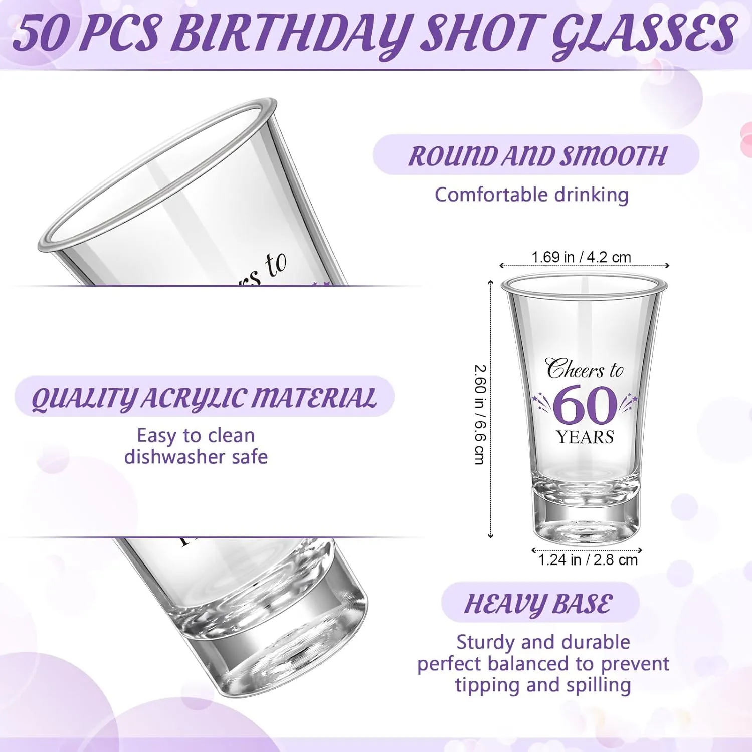 Pickmesh 50 Sets Black Purple Birthday Party Favors for Guests Souvenir 60 Years Old Gift Acrylic Clear Shot Glasses with Thank You Cards and Gift Bags Twine Organza Bags, 60th Birthday Party Supplies