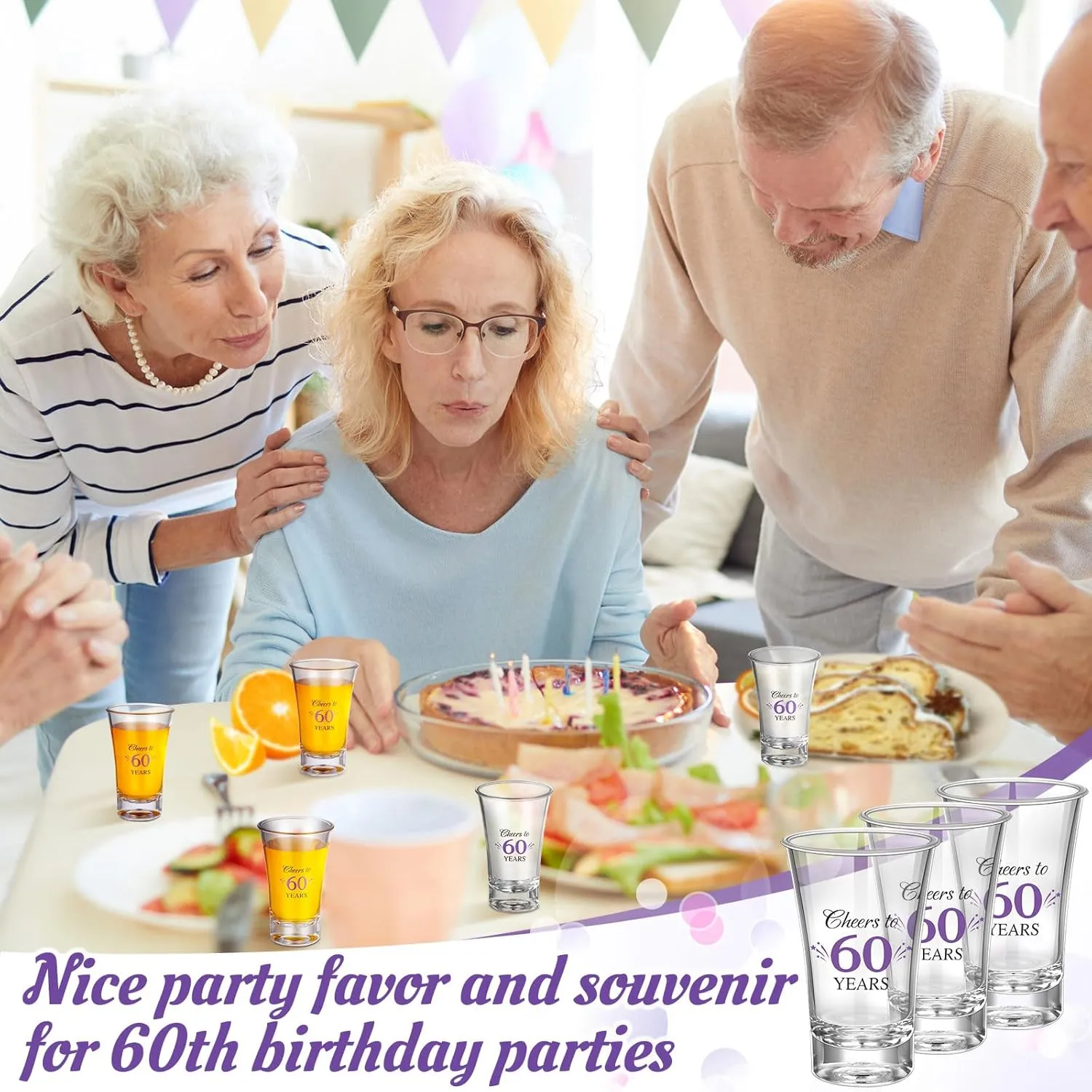 Pickmesh 50 Sets Black Purple Birthday Party Favors for Guests Souvenir 60 Years Old Gift Acrylic Clear Shot Glasses with Thank You Cards and Gift Bags Twine Organza Bags, 60th Birthday Party Supplies