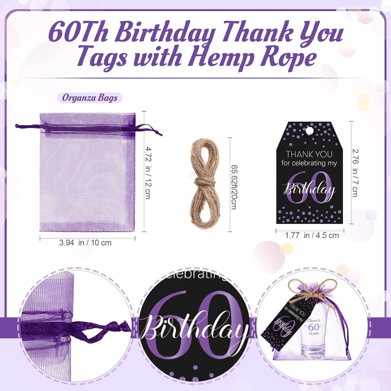 Pickmesh 50 Sets Black Purple Birthday Party Favors for Guests Souvenir 60 Years Old Gift Acrylic Clear Shot Glasses with Thank You Cards and Gift Bags Twine Organza Bags, 60th Birthday Party Supplies