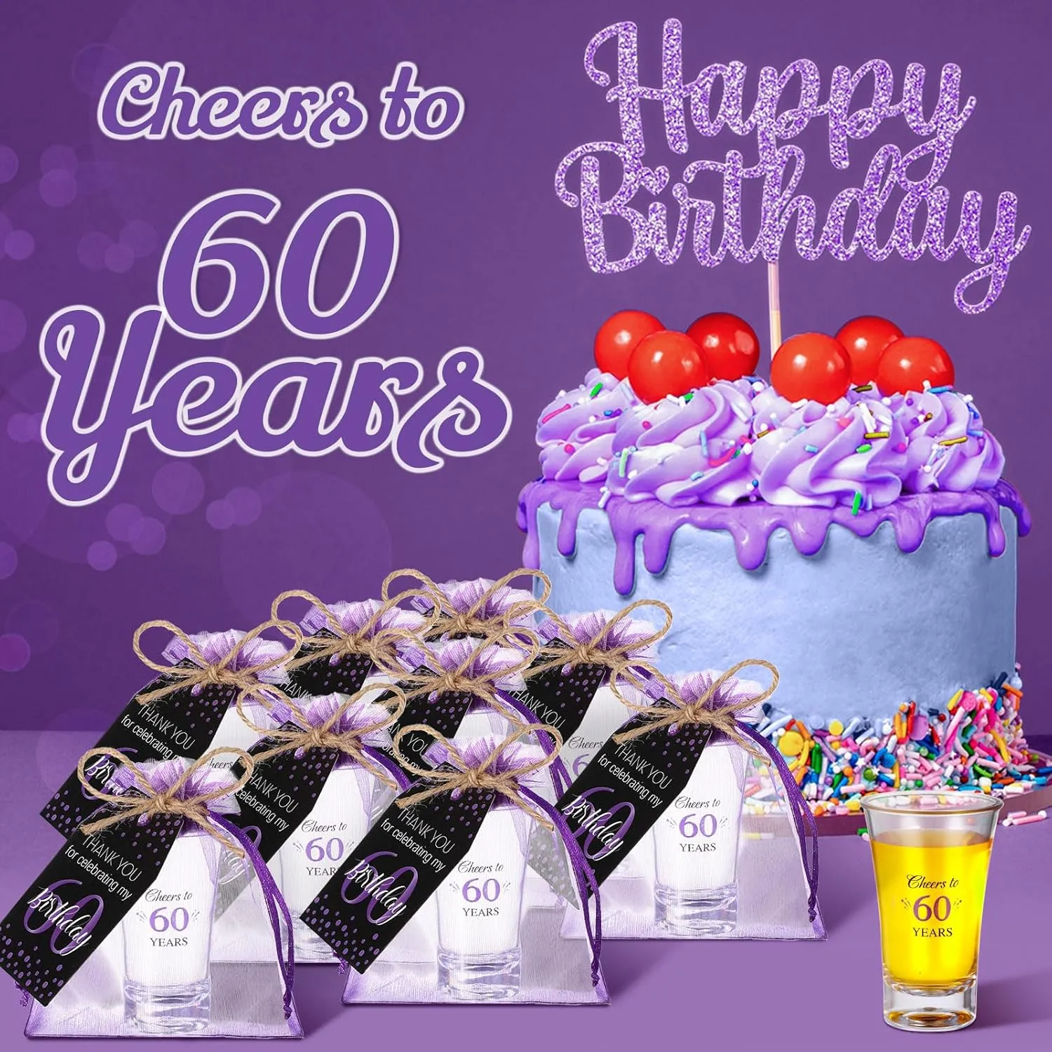 Pickmesh 50 Sets Black Purple Birthday Party Favors for Guests Souvenir 60 Years Old Gift Acrylic Clear Shot Glasses with Thank You Cards and Gift Bags Twine Organza Bags, 60th Birthday Party Supplies