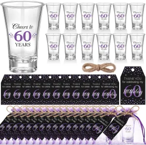 Pickmesh 50 Sets Black Purple Birthday Party Favors for Guests Souvenir 60 Years Old Gift Acrylic Clear Shot Glasses with Thank You Cards and Gift Bags Twine Organza Bags, 60th Birthday Party Supplies