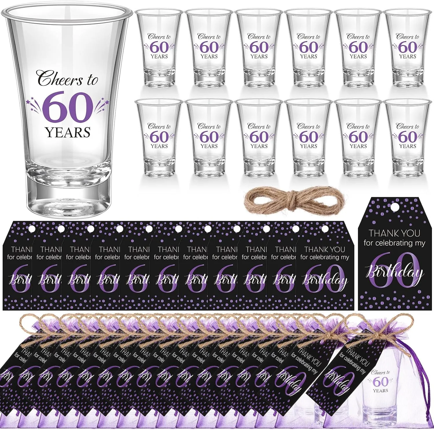 Pickmesh 50 Sets Black Purple Birthday Party Favors for Guests Souvenir 60 Years Old Gift Acrylic Clear Shot Glasses with Thank You Cards and Gift Bags Twine Organza Bags, 60th Birthday Party Supplies