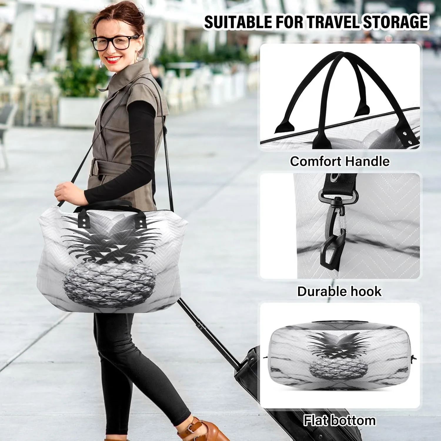Pineapple Marble White Travel Duffle Bag Quilt Gym Bag Carry On Bag Weekender Bags Overnight Bag with Make Up Bag for Airplane Women Ladies Trip Travel Essentials Gifts