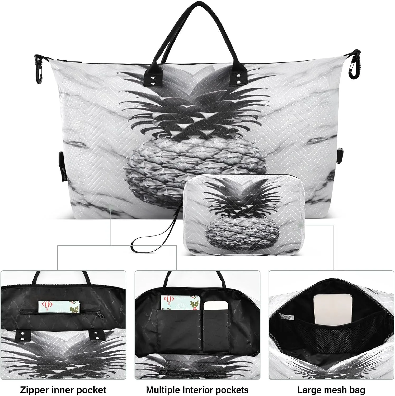 Pineapple Marble White Travel Duffle Bag Quilt Gym Bag Carry On Bag Weekender Bags Overnight Bag with Make Up Bag for Airplane Women Ladies Trip Travel Essentials Gifts