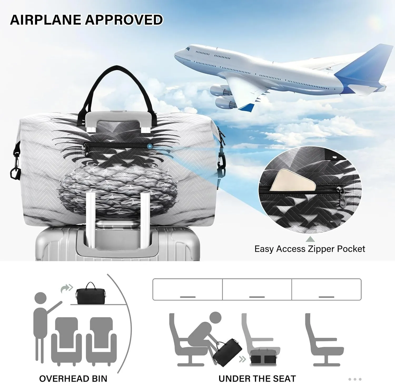 Pineapple Marble White Travel Duffle Bag Quilt Gym Bag Carry On Bag Weekender Bags Overnight Bag with Make Up Bag for Airplane Women Ladies Trip Travel Essentials Gifts