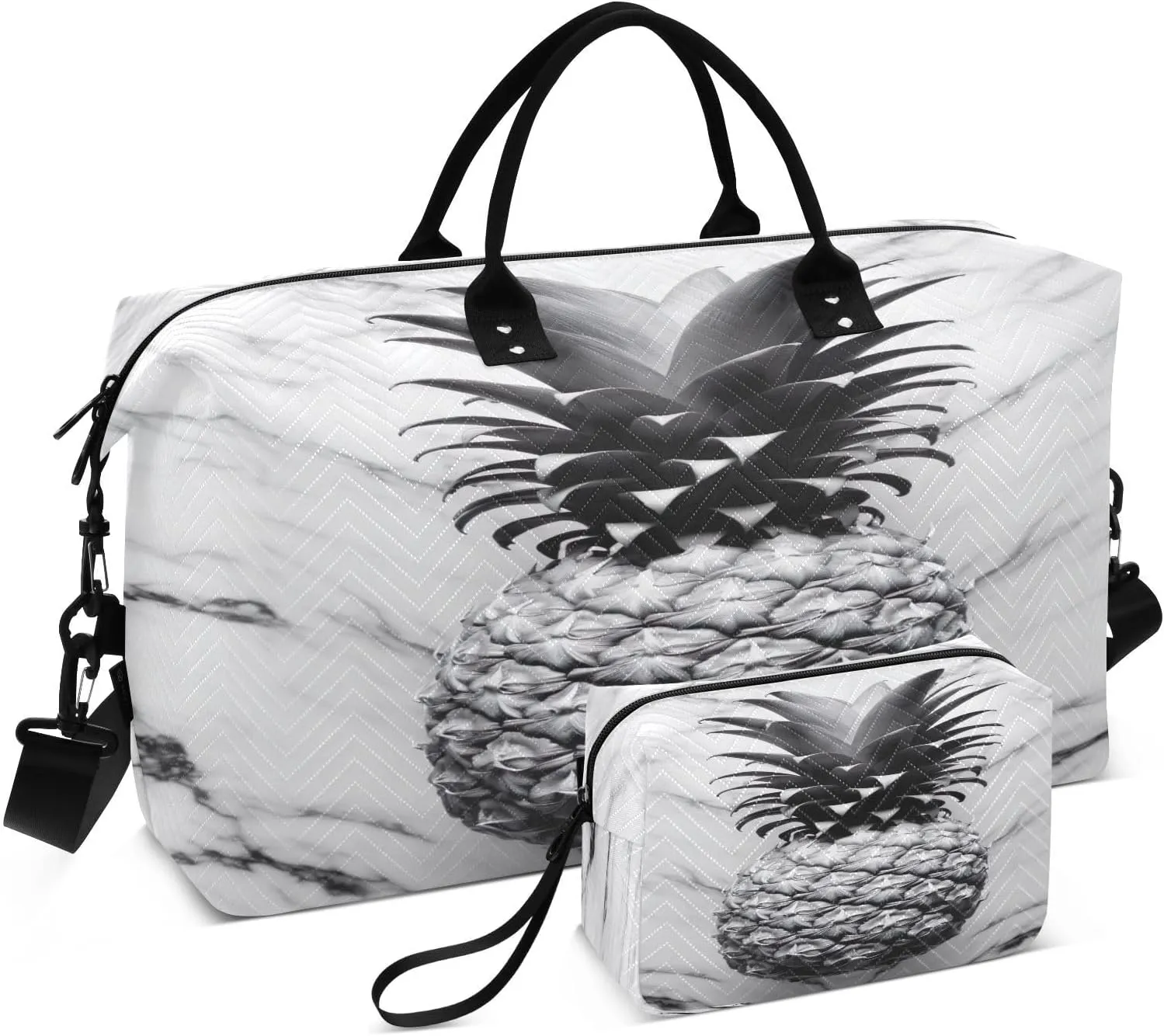 Pineapple Marble White Travel Duffle Bag Quilt Gym Bag Carry On Bag Weekender Bags Overnight Bag with Make Up Bag for Airplane Women Ladies Trip Travel Essentials Gifts