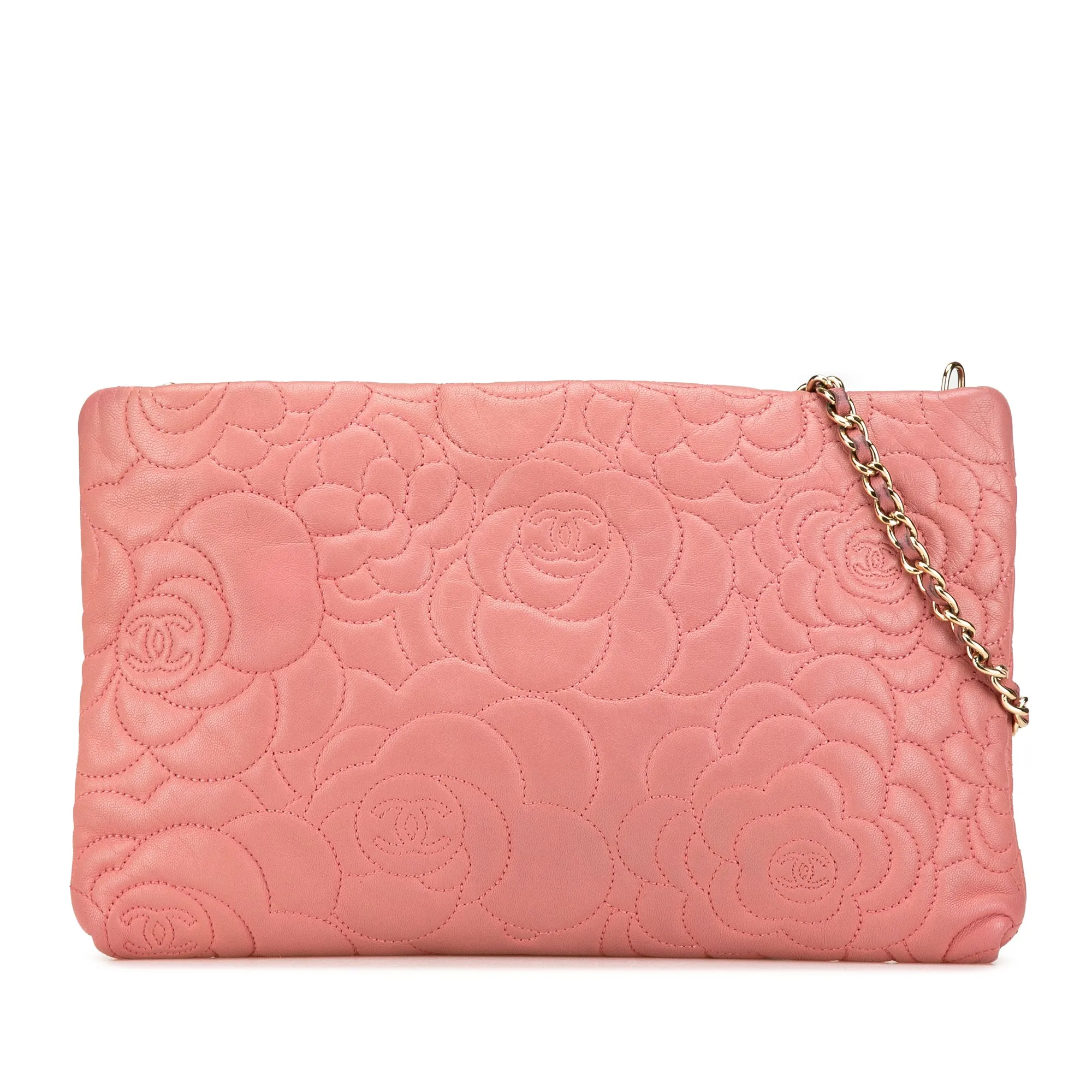 Pink Chanel Embossed Lambskin Camellia Chain Pochette Shoulder Bag