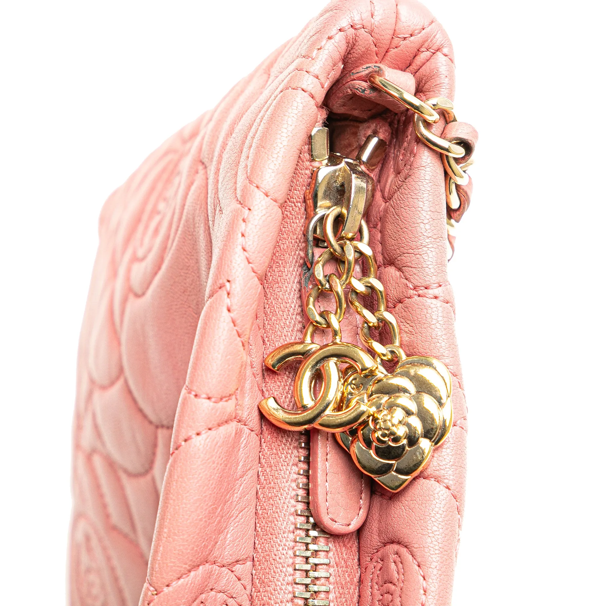 Pink Chanel Embossed Lambskin Camellia Chain Pochette Shoulder Bag