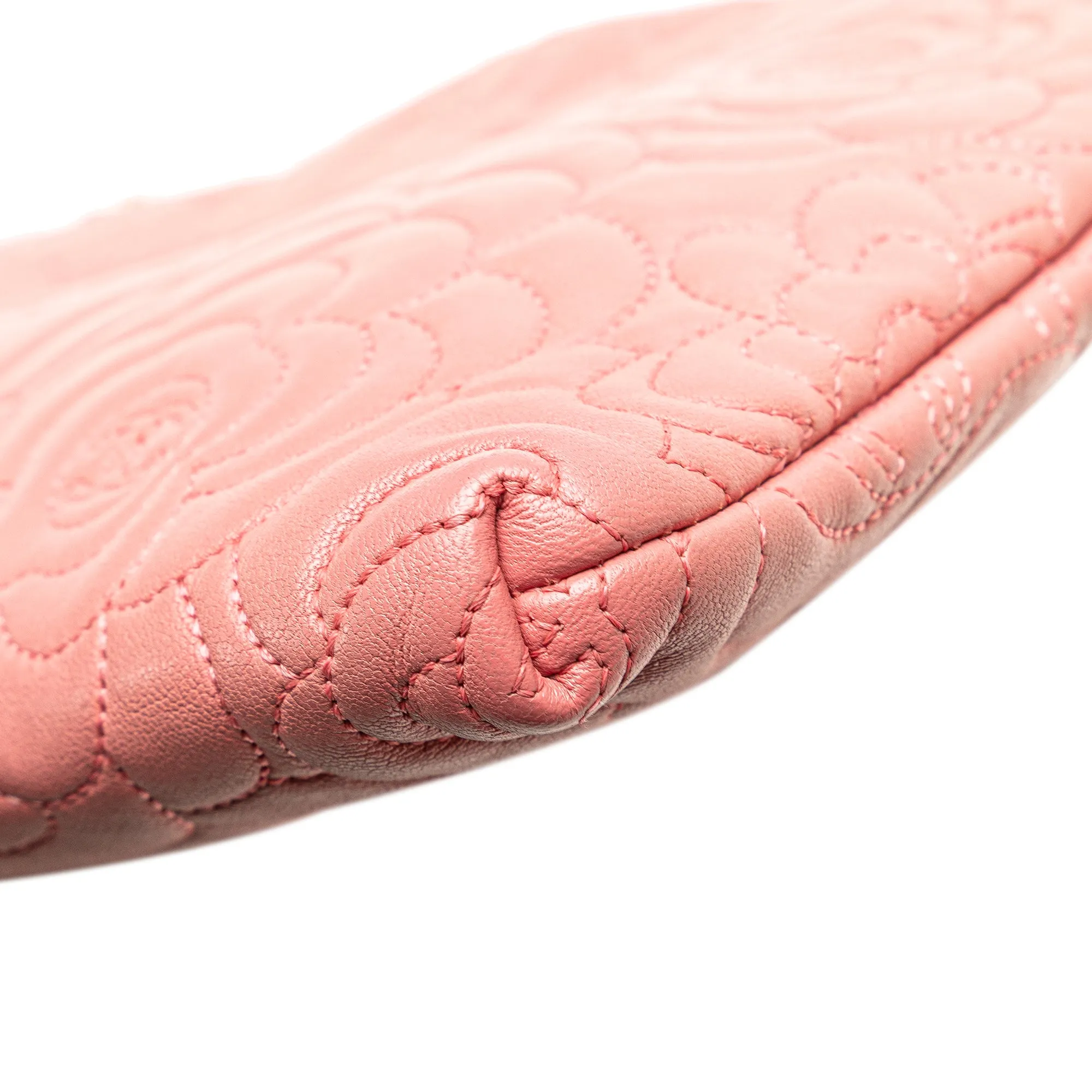 Pink Chanel Embossed Lambskin Camellia Chain Pochette Shoulder Bag