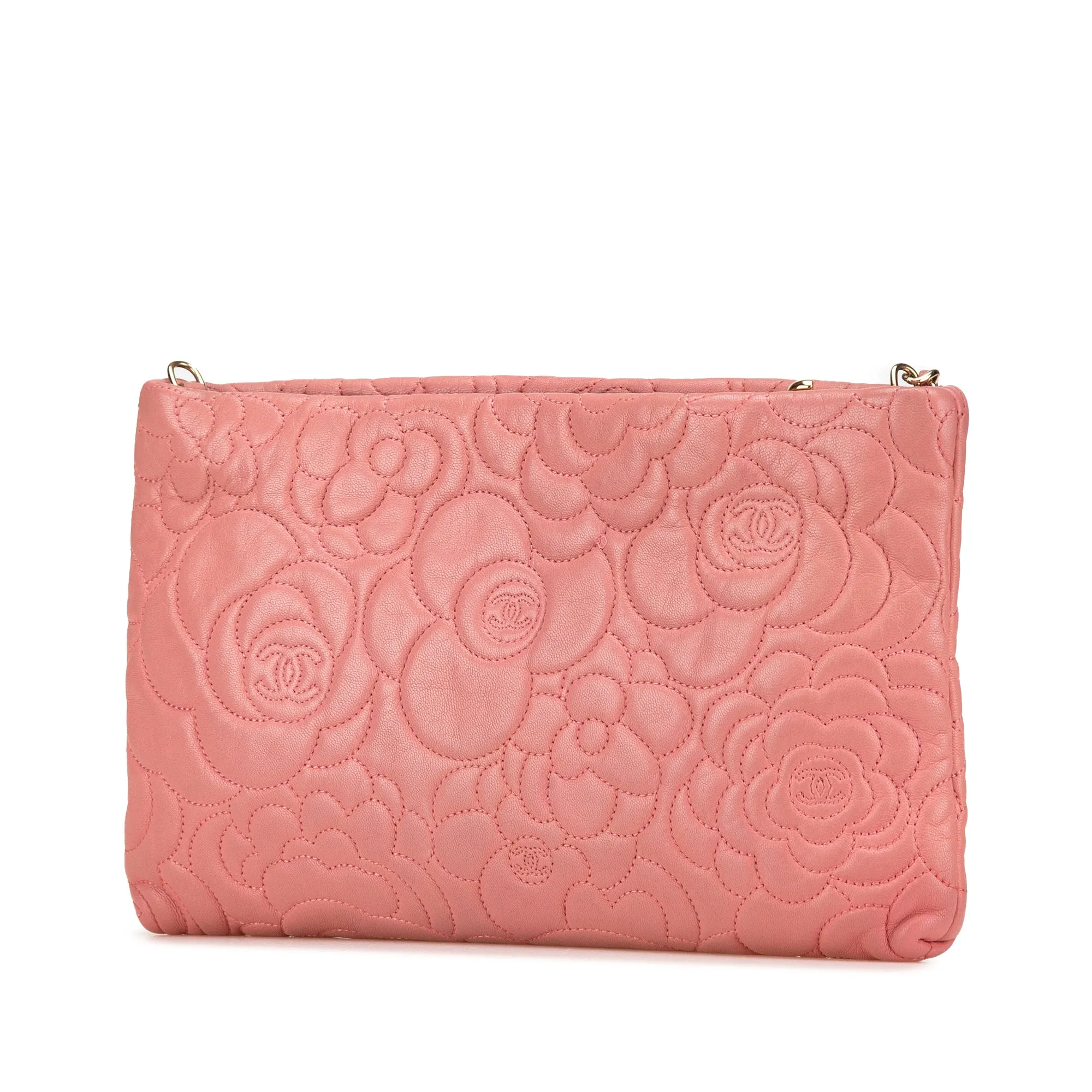 Pink Chanel Embossed Lambskin Camellia Chain Pochette Shoulder Bag