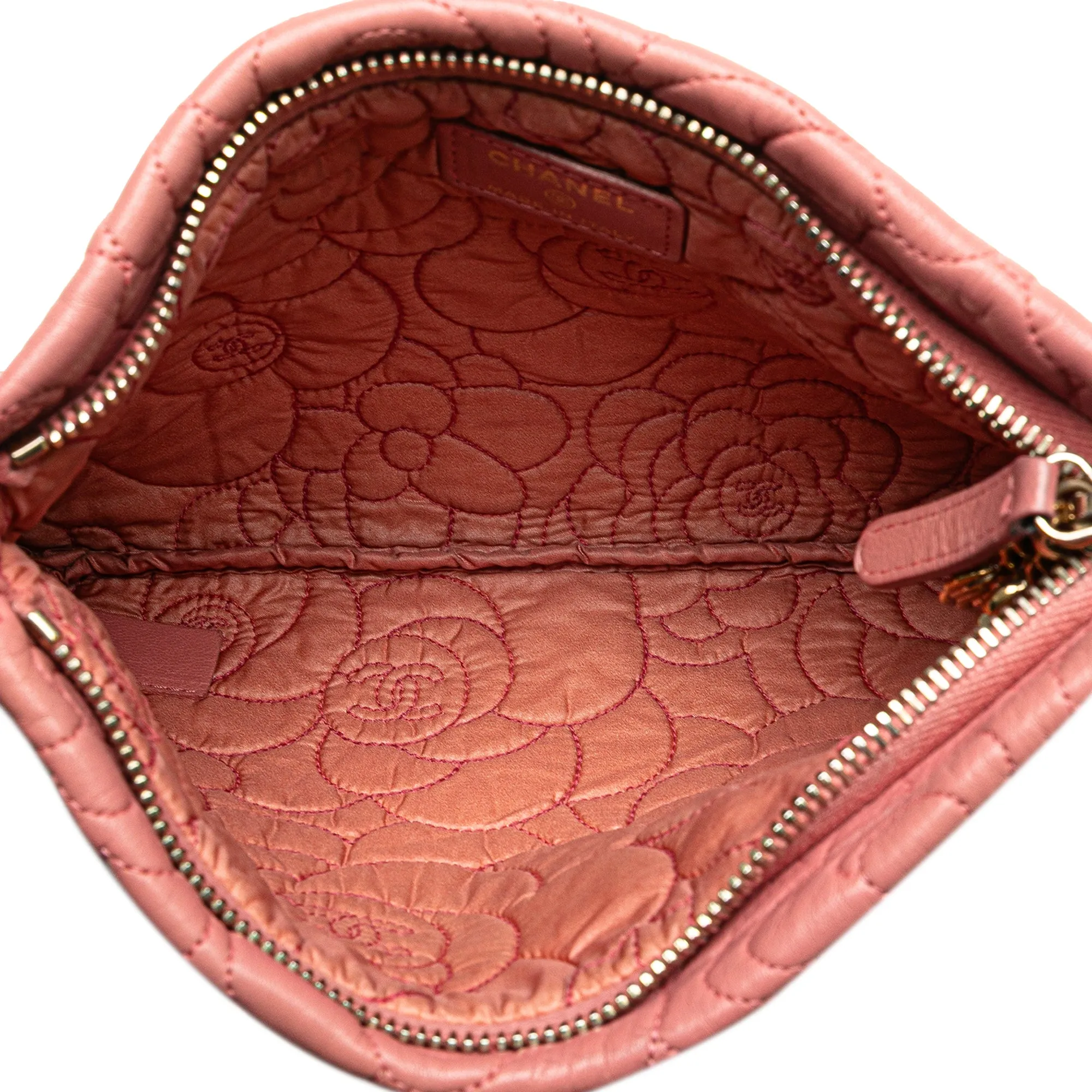 Pink Chanel Embossed Lambskin Camellia Chain Pochette Shoulder Bag
