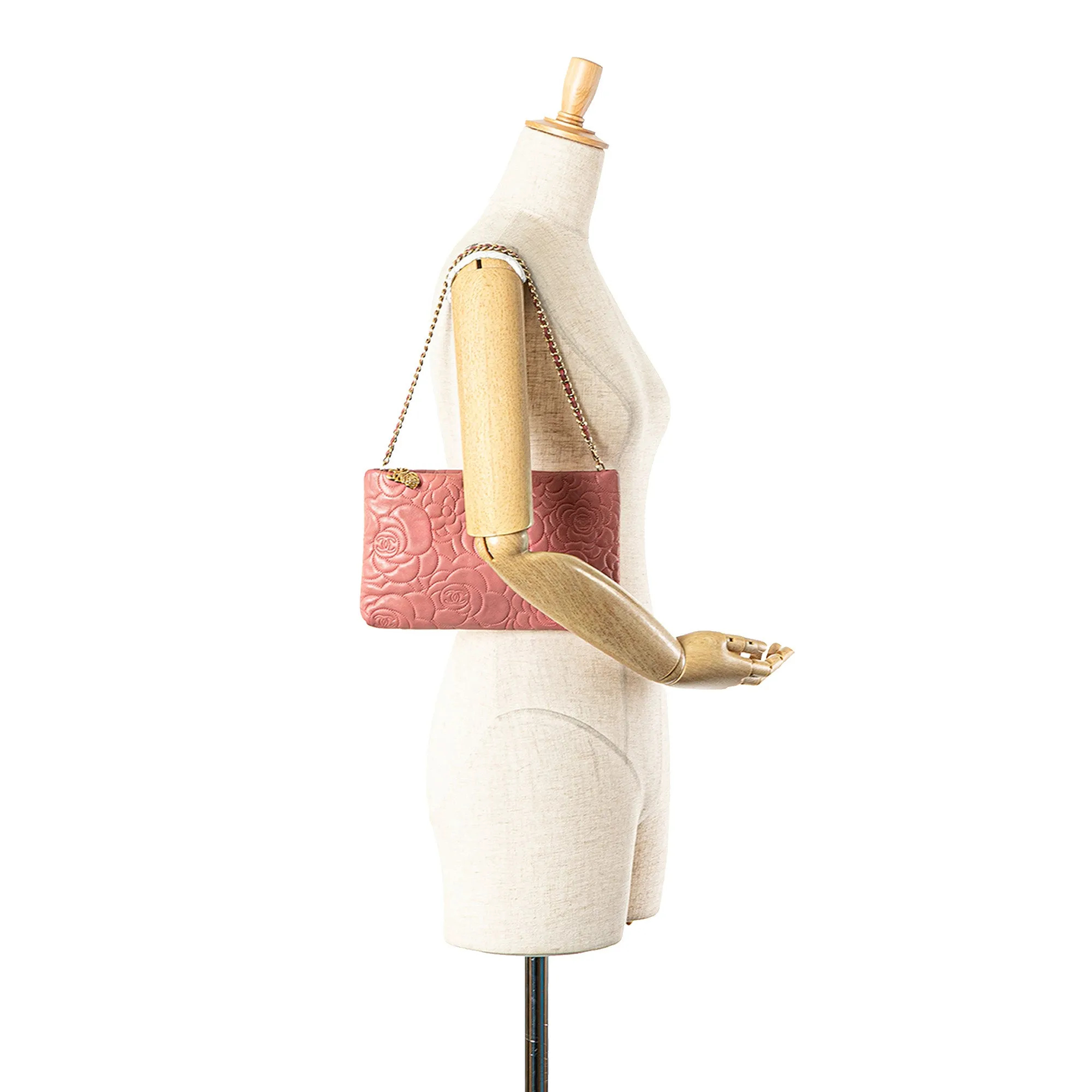 Pink Chanel Embossed Lambskin Camellia Chain Pochette Shoulder Bag