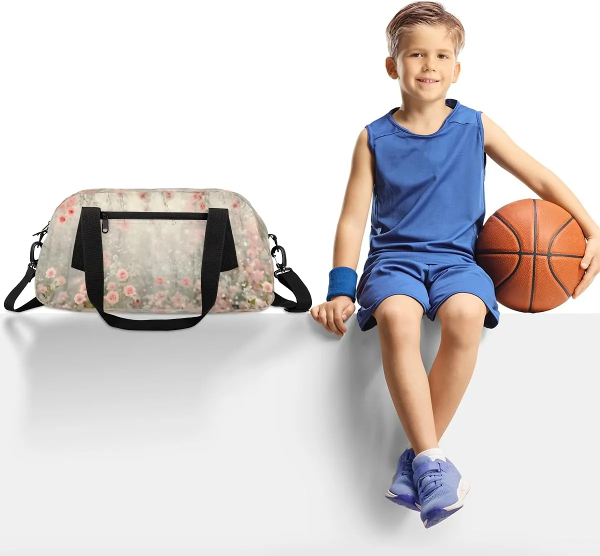 Pink Flower Floral Kids Duffle Bag Boys Girls Small Sport Dance Gym Bag for Overnight Travel Weekender Carry On