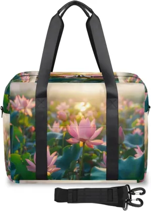 Pink Lotus Flowers Sunshine Pond Womens Travel Bags, Weekender Carry on for Women, Sports Gym Bag, Workout Duffel bag, Overnight Shoulder Bag