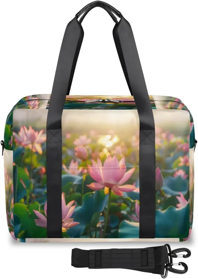 Pink Lotus Flowers Sunshine Pond Womens Travel Bags, Weekender Carry on for Women, Sports Gym Bag, Workout Duffel bag, Overnight Shoulder Bag