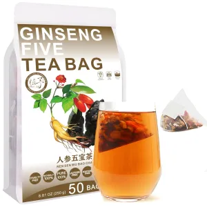 Plant Gift Ginseng Five Tea Bags 8.81oz (5g*50bags) Wolfberry, Mulberry, Polygonatum, Maka Powder, Ginseng, Hongzao, Chinese Pure Nature, Health Care Mixed Tea, Combination of Floral Tea 250g 人参五宝茶