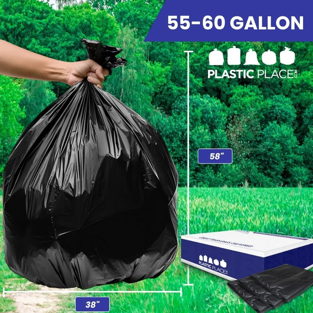 Plasticplace 55-60 Gallon Trash Bags │ 1.2 Mil │ Black Heavy Duty Garbage Can Liners │ 38” x 58” (50 Count)