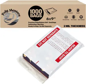 Poly Mailers 6x9 Inch (1000 Count) with Suffocation Warning - 2 Mil Semi Frosted Poly Bags for Package Privacy - Permanent Adhesive FBA Compliant for Packaging Clothes, Shirts and More