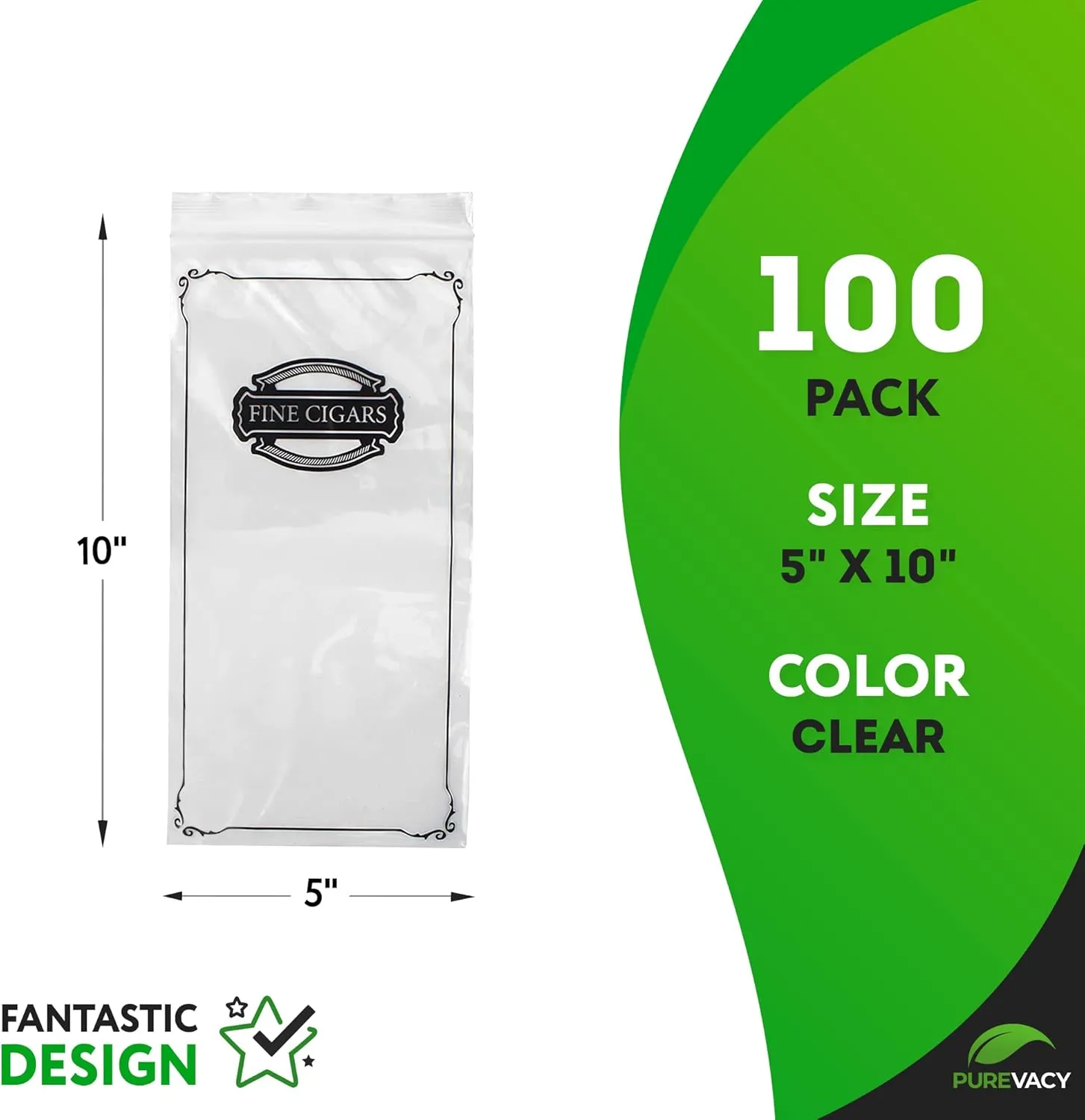 Poly Zipper Cigar Bags 5 x 10, Pack of 100 Fine Clear Plastic for Cigars, 2 Mil Thick, Tamper-Proof Small Reclosable Zip for Safe Storage