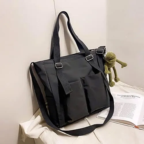 Pooyikoi Women Canvas Tote Bag Waterproof Nylon Multi Pocket Shoulder Bags Solid Crossbody Large Capacity Tote Shoulder Bags