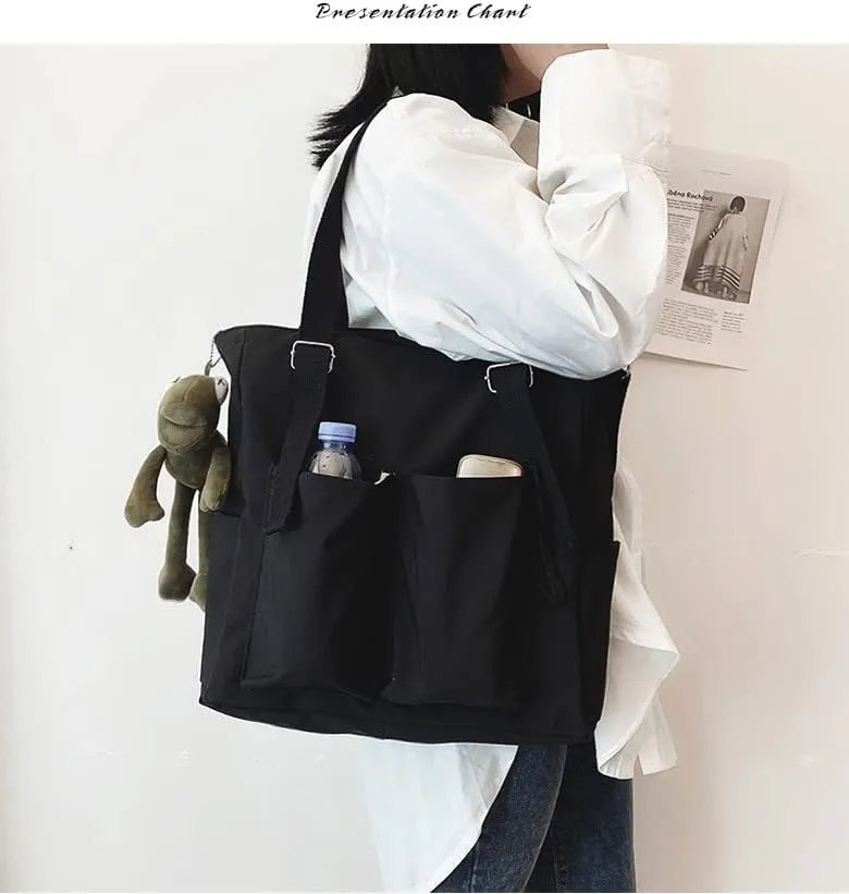 Pooyikoi Women Canvas Tote Bag Waterproof Nylon Multi Pocket Shoulder Bags Solid Crossbody Large Capacity Tote Shoulder Bags