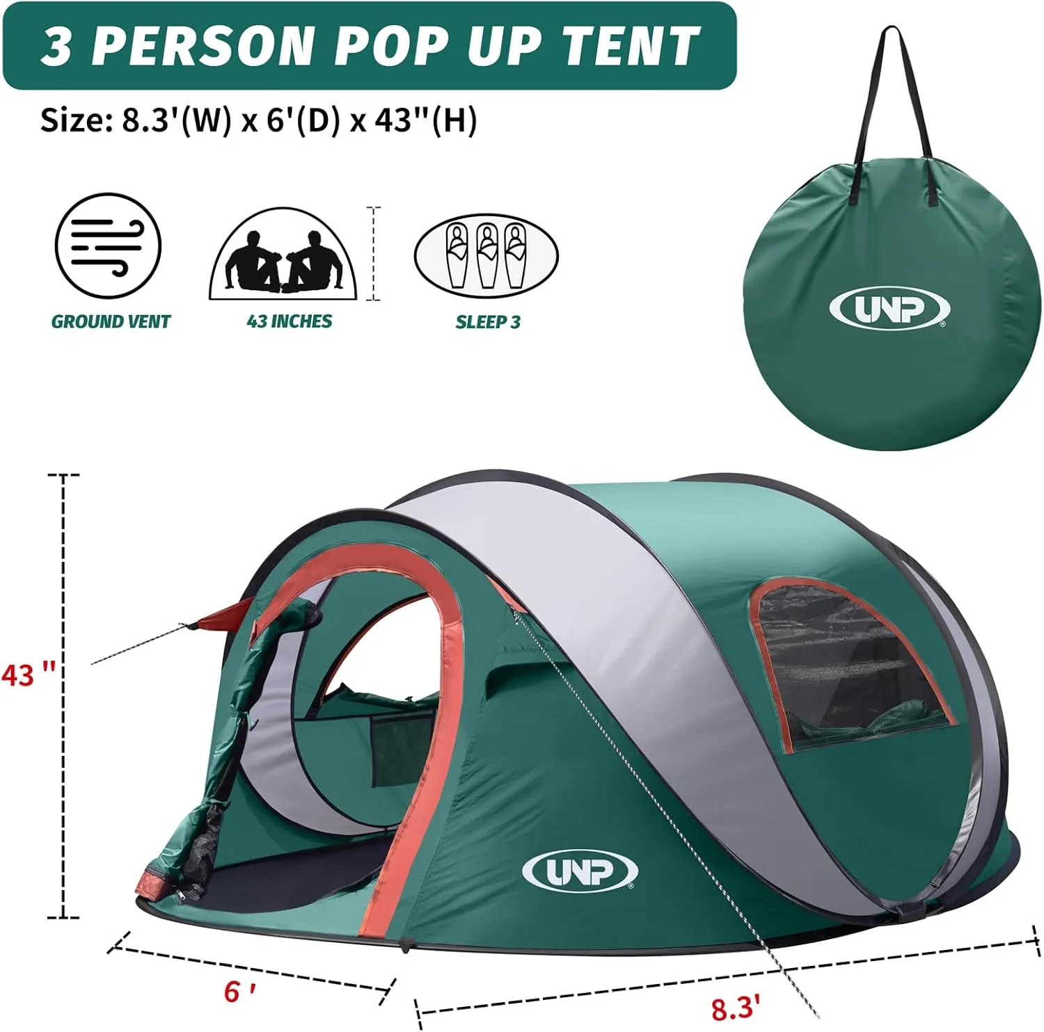 Pop-up Tent, 3 Person Camping Tent, Instant Portable Beach Tent, Easy Pop Up Shade Tents 2 Doors for Camping Hiking & Traveling with Carrying Bag