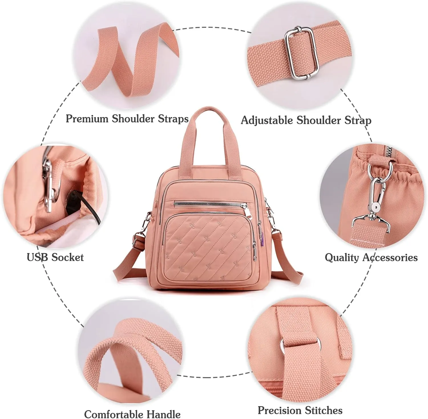 PORRASSO Backpack Fashion Shoulder Bag Women Handbag Rucksack Daypack Nylon Crossbody Bag for Work Travel Daily Use Grey