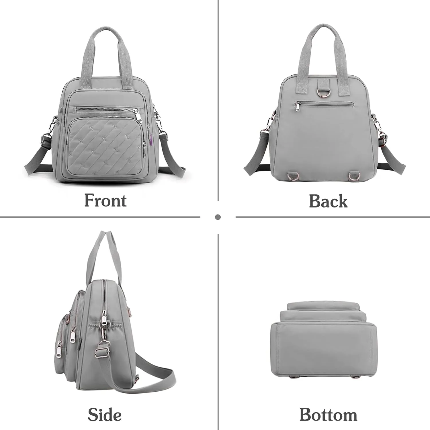 PORRASSO Backpack Fashion Shoulder Bag Women Handbag Rucksack Daypack Nylon Crossbody Bag for Work Travel Daily Use Grey