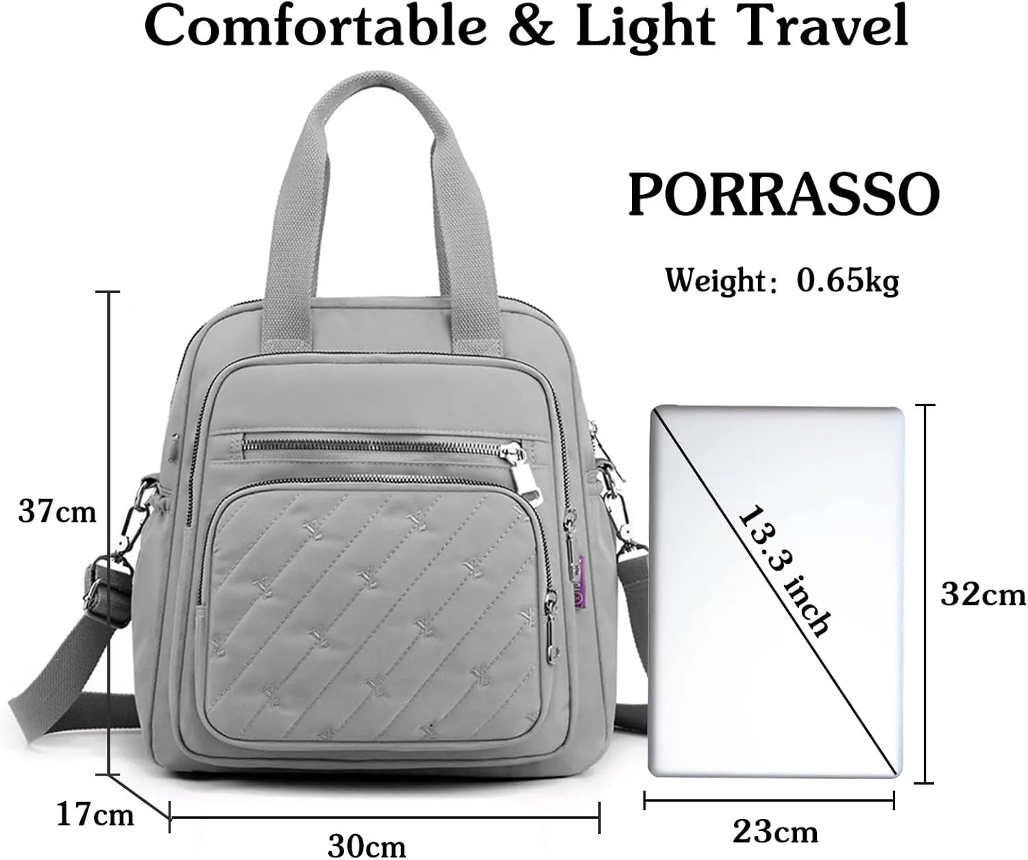 PORRASSO Backpack Fashion Shoulder Bag Women Handbag Rucksack Daypack Nylon Crossbody Bag for Work Travel Daily Use Grey