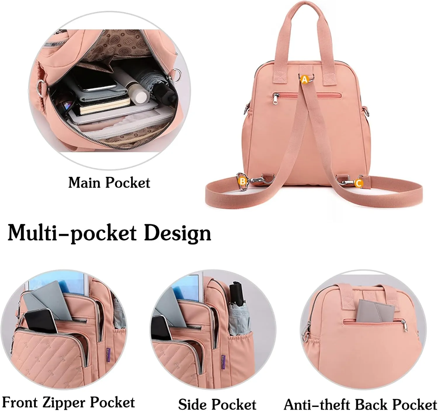 PORRASSO Backpack Fashion Shoulder Bag Women Handbag Rucksack Daypack Nylon Crossbody Bag for Work Travel Daily Use Grey