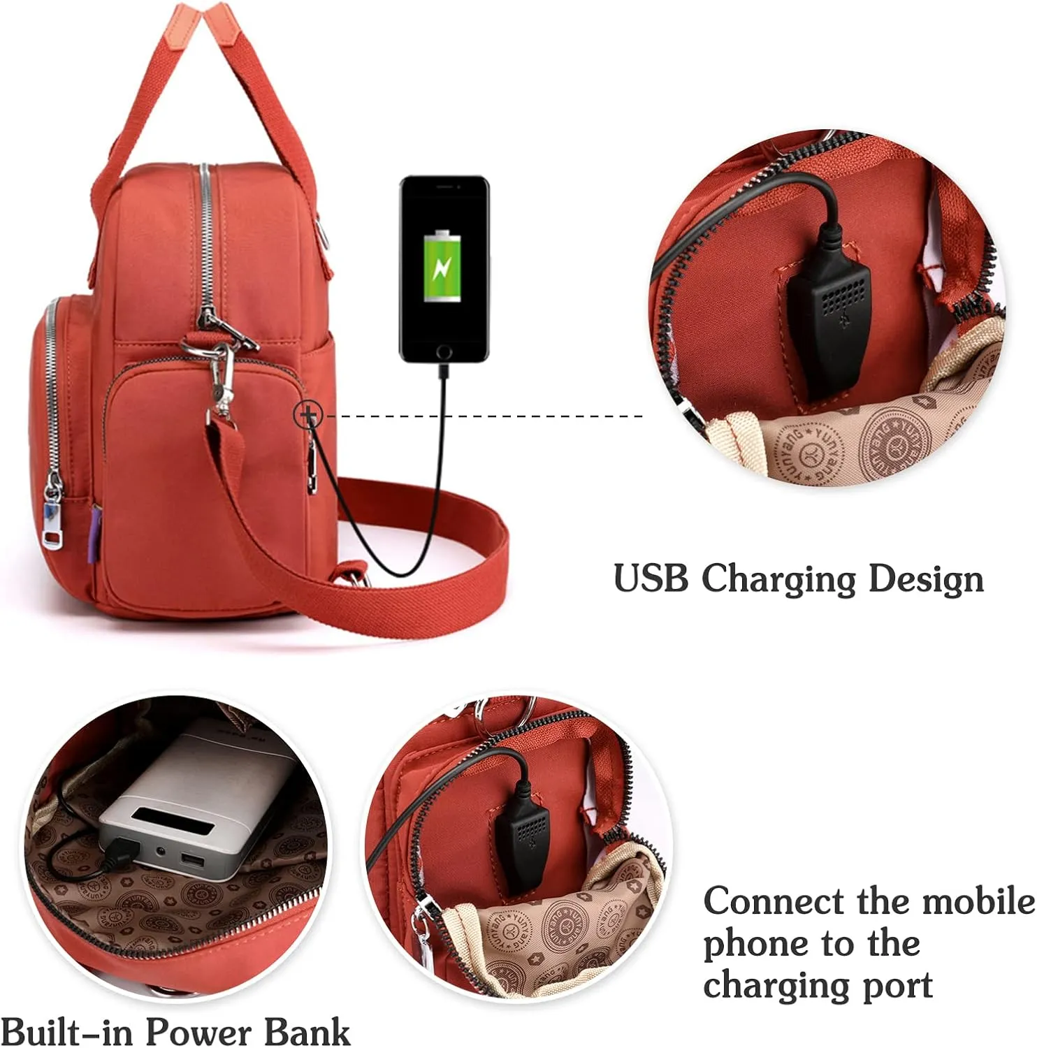 PORRASSO Women Backpack Fashion Shoulder Bag Multifunctional Daypack with USB Charging Port Handbag Nylon Crossbody Bag for Work Travel Dating Black
