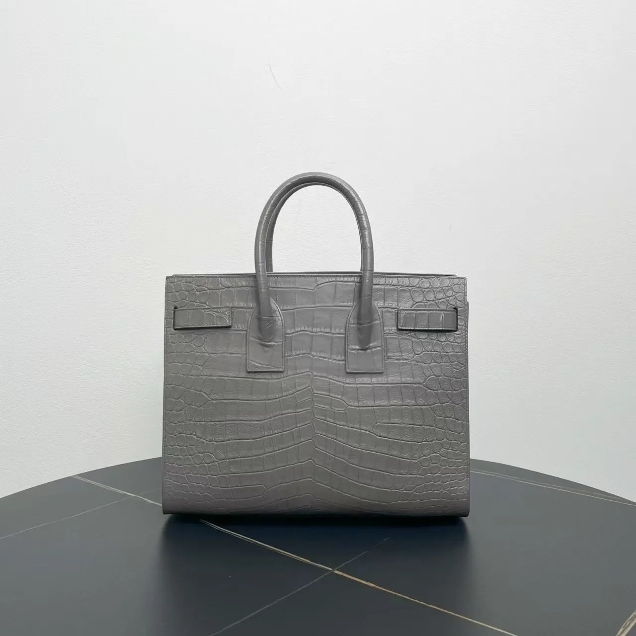 Preloved YSL Sac De Jour Croc Embossed Gray Leather Two-Way Bag