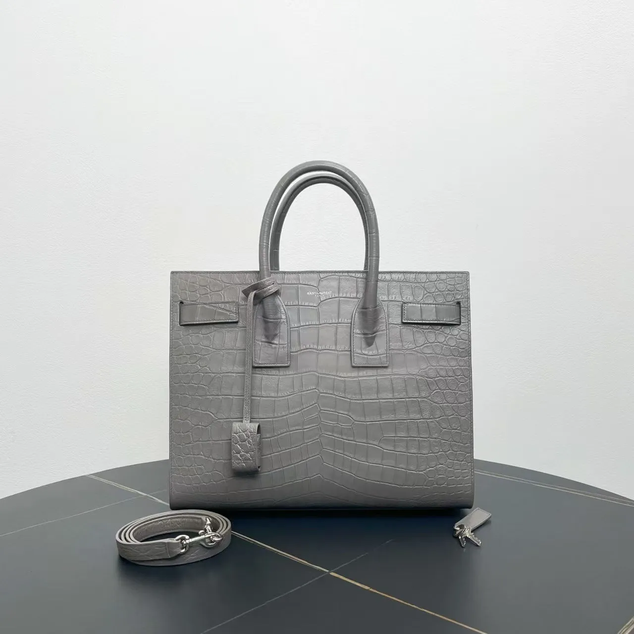 Preloved YSL Sac De Jour Croc Embossed Gray Leather Two-Way Bag
