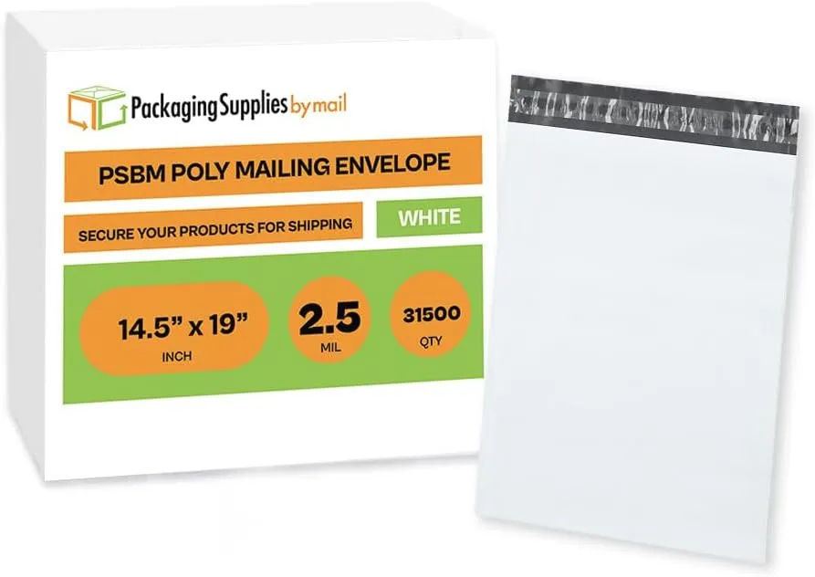PSBM White Poly Mailers 14.5x19 Inch 31500 Pack Shipping Bags for Clothing, Sturdy Shipping Envelopes, Strong Self Seal Mailing Bags for Small Business, Poly Bags for Small Businessess