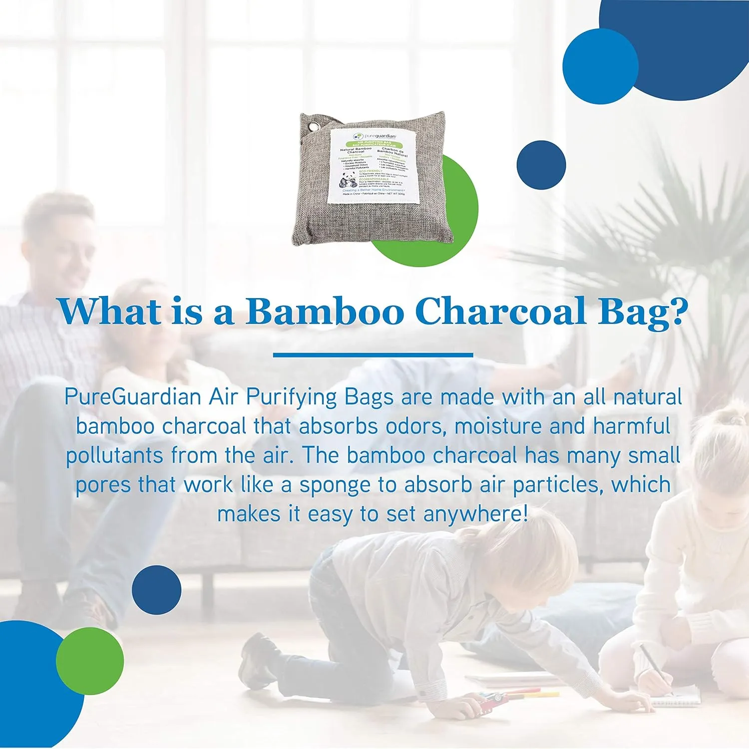 PureGuardian CB500 Bamboo Charcoal Air Purifying Bag, Eco-Friendly, Naturally Absorbs Odors, Excess Moisture and Pollutants, 500g, 2-Pack, Gray