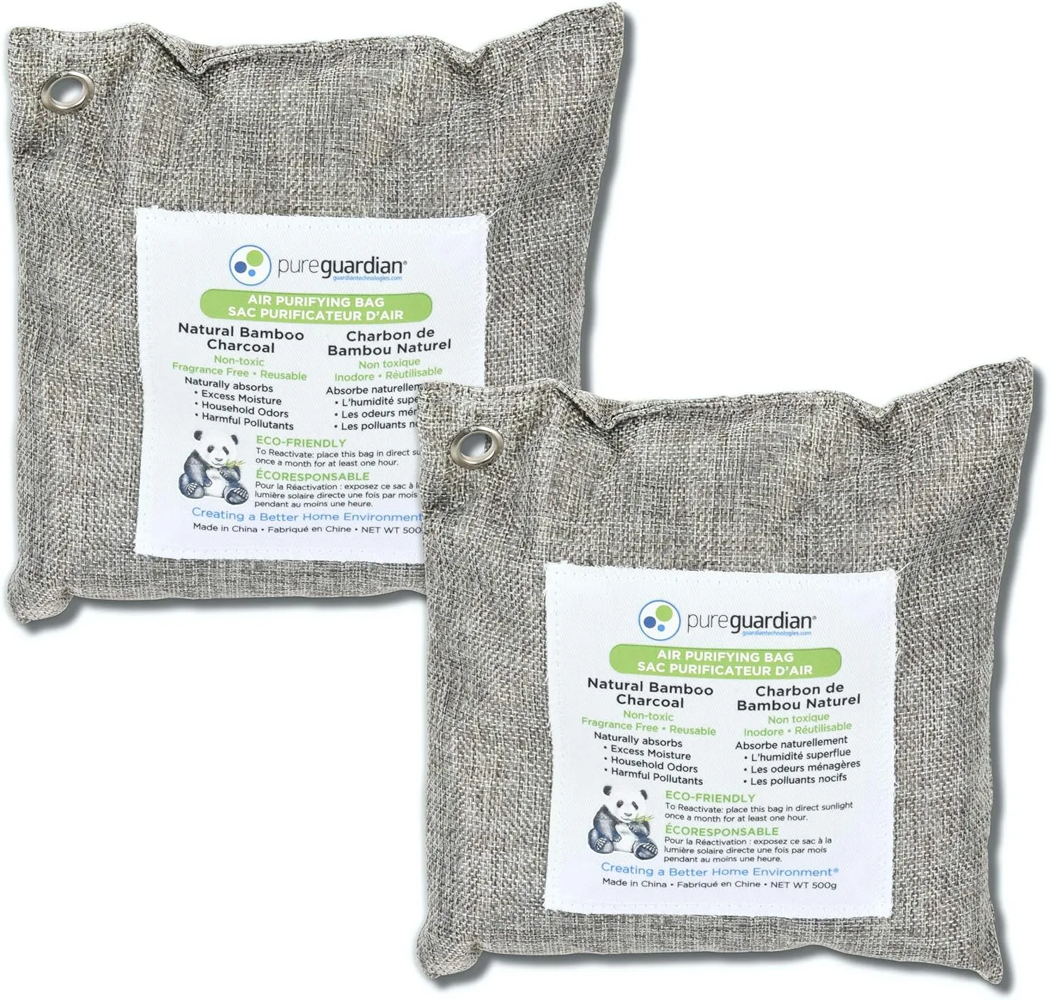 PureGuardian CB500 Bamboo Charcoal Air Purifying Bag, Eco-Friendly, Naturally Absorbs Odors, Excess Moisture and Pollutants, 500g, 2-Pack, Gray