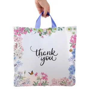 Purple Q Crafts Floral Thank You Plastic Bags 50 Pack 18" x 18" With Soft Loop Handle Thank You Shopping Bags