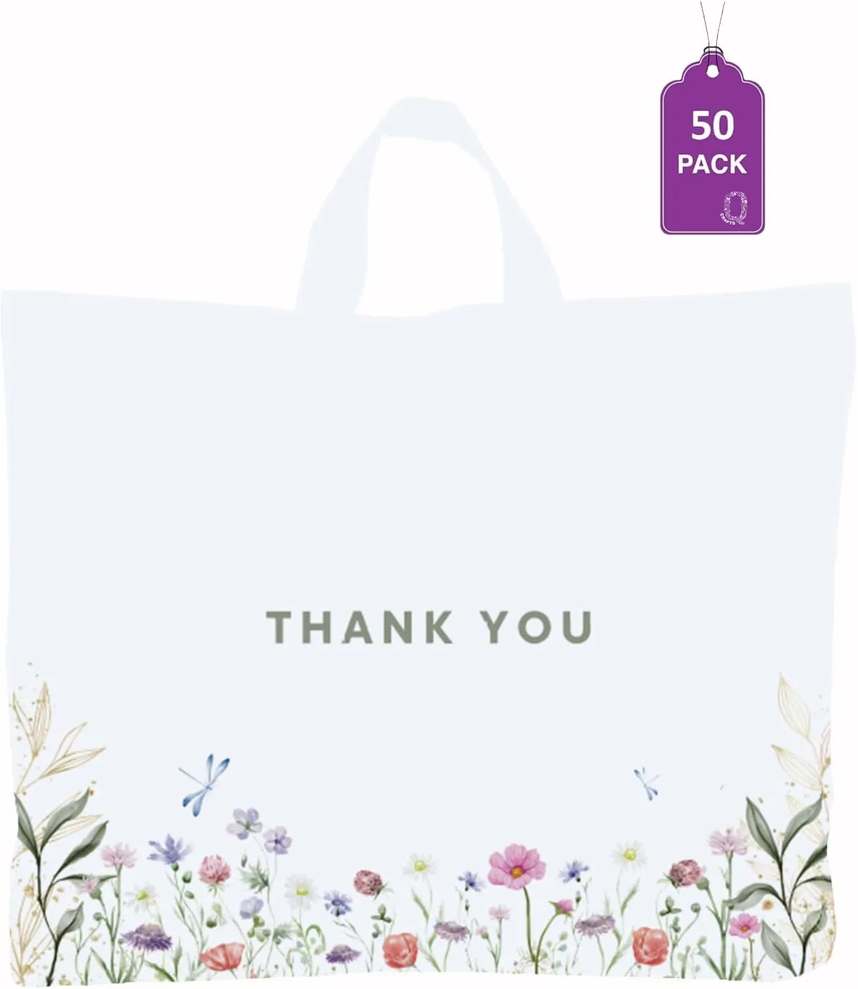 Purple Q Crafts Thank You Bags for Business and Stores 50 Pack 15" W x 12" H Floral Plastic Shopping Bags With Soft Loop Handle