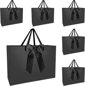PUSAEN 6 Pcs Extra Large Black Gift Bags with Ribbon Self Adhesive Bow, 16x4.7x11 Inch, Black Gift Bag for Party Birthday Wedding Graduation