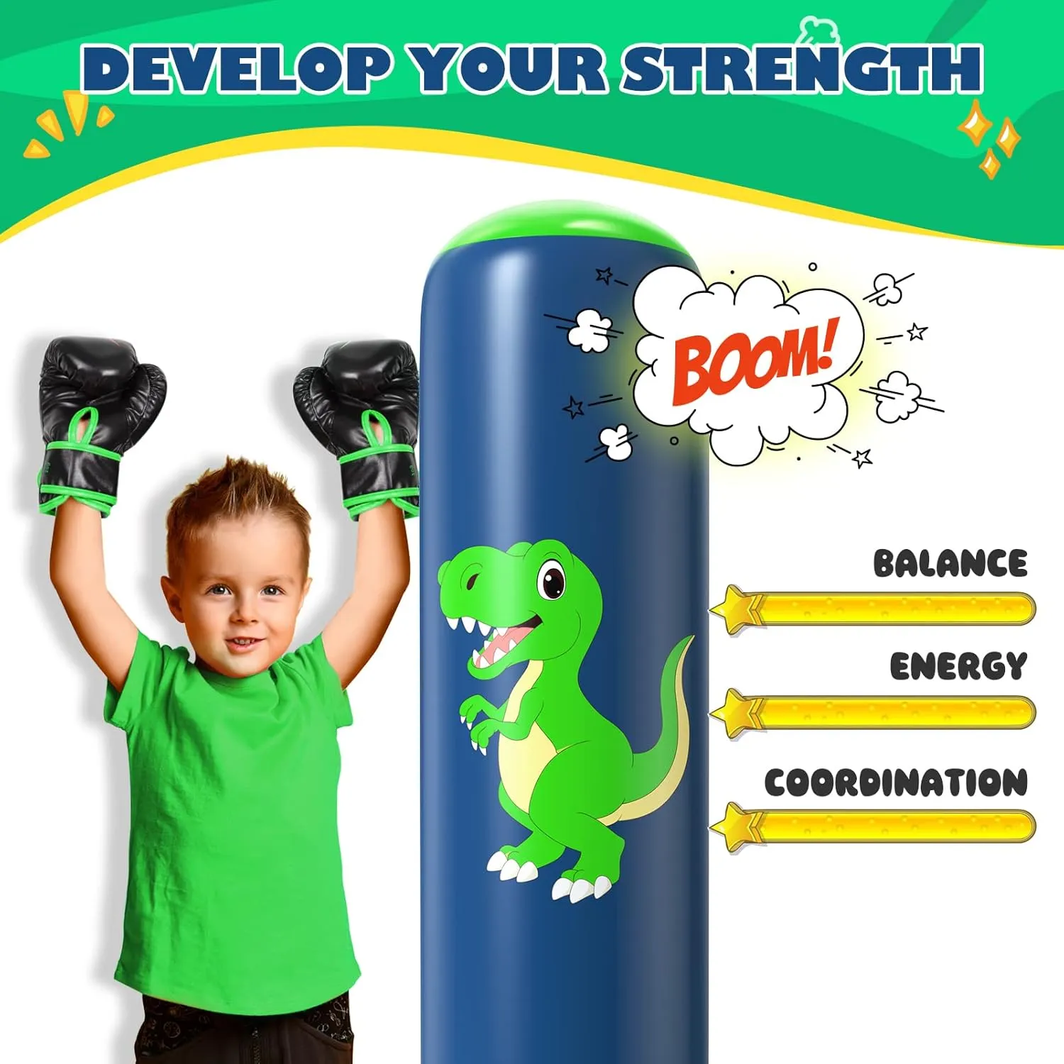 QPAU Inflatable Punching Bag, 48 Inch Stable Inflatable Boxing Bag for 3-6 Kids,Dinosaur Toy & Gifts for Boys and Girls, Kids Boxing Set for Practicing Karate, Taekwondo