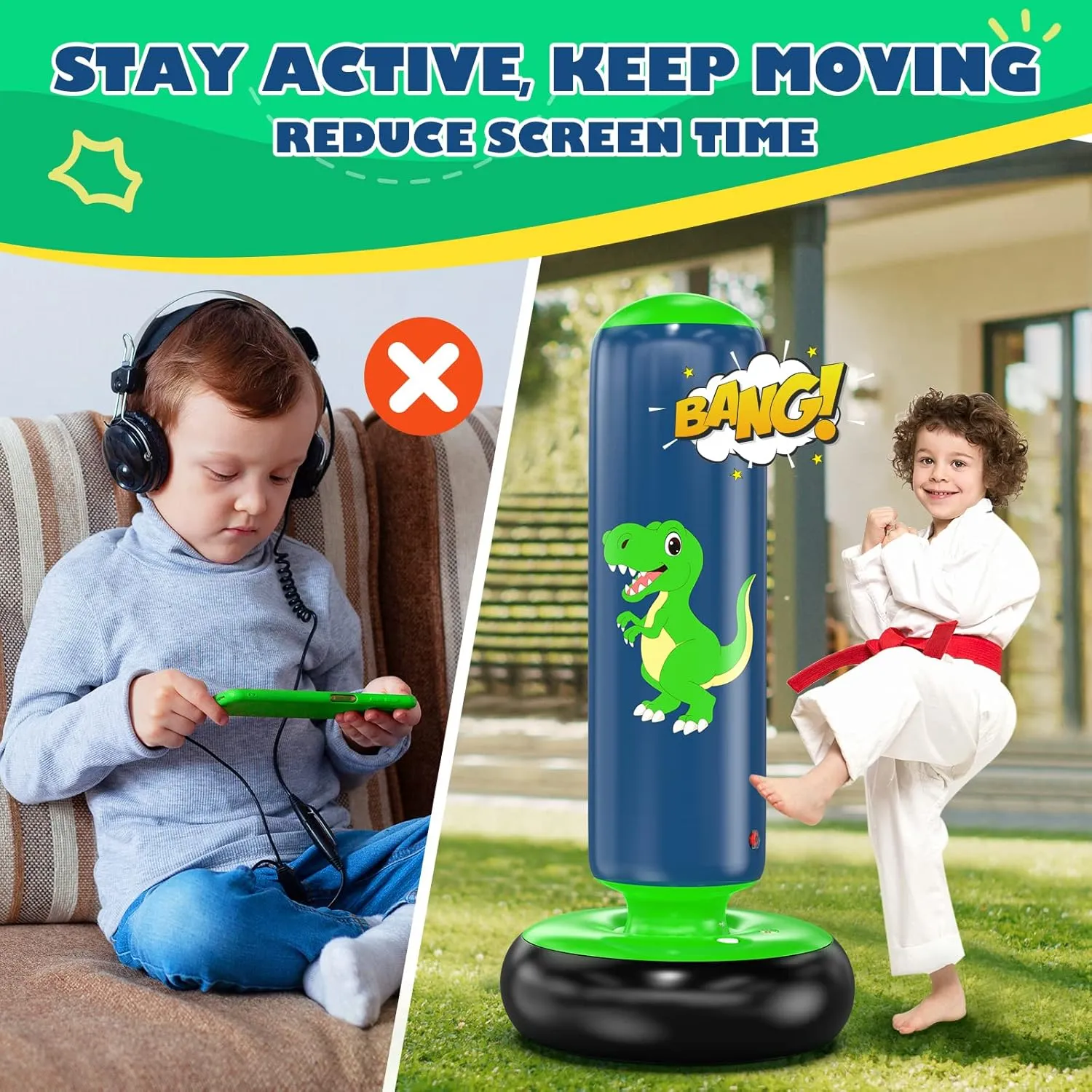 QPAU Inflatable Punching Bag, 48 Inch Stable Inflatable Boxing Bag for 3-6 Kids,Dinosaur Toy & Gifts for Boys and Girls, Kids Boxing Set for Practicing Karate, Taekwondo
