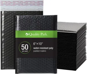 Quality Park Bubble Mailers, 6 x 9, Black Poly Mailers, Padded Envelopes, Shipping Bags, Water Resistant, Self Seal, 50 Per Box (1002351)