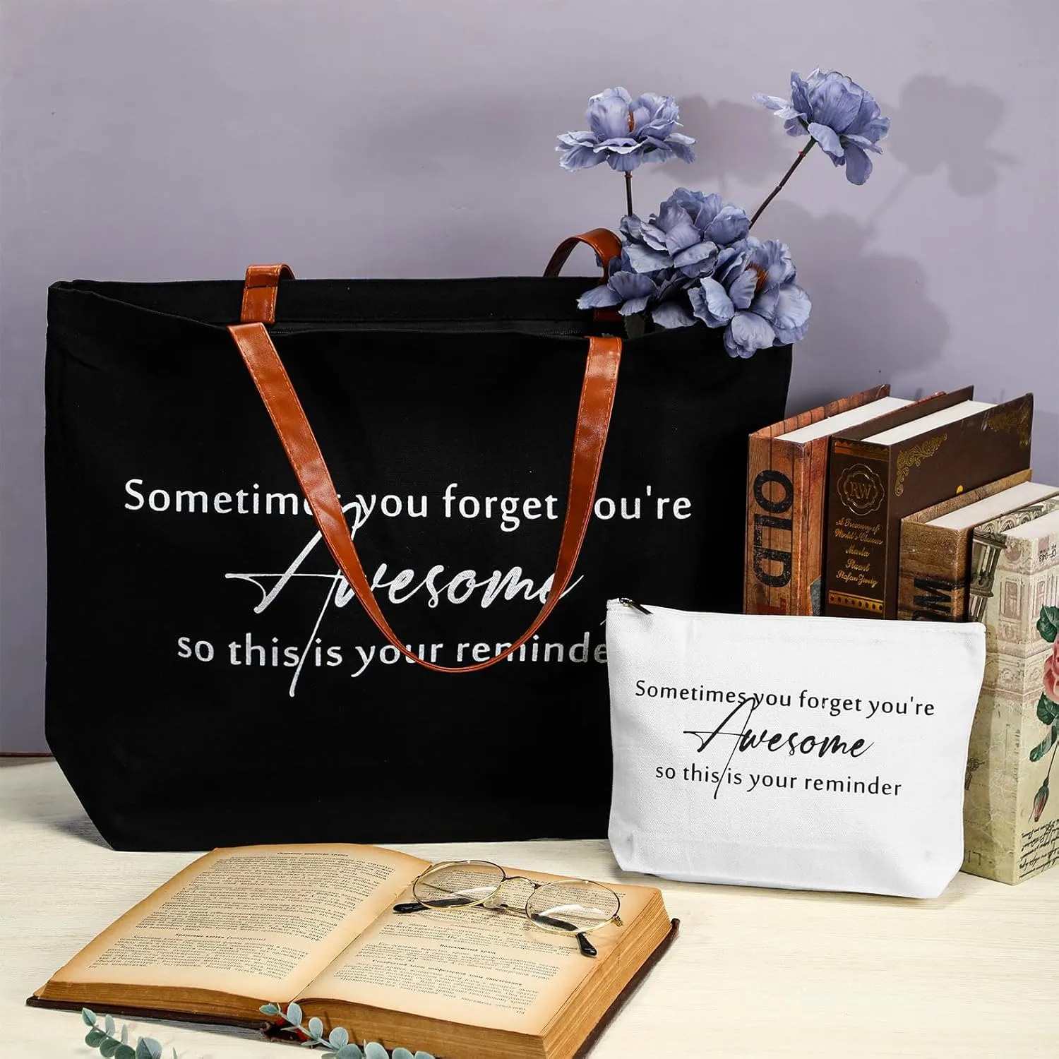 Queekay 2 Pcs Coworker Inspirational Gift Bags for Women Sometimes You Forget You Are Awesome Sign Thank You Gifts Totes Bags and Makeup Bag for Coworker Teacher Work