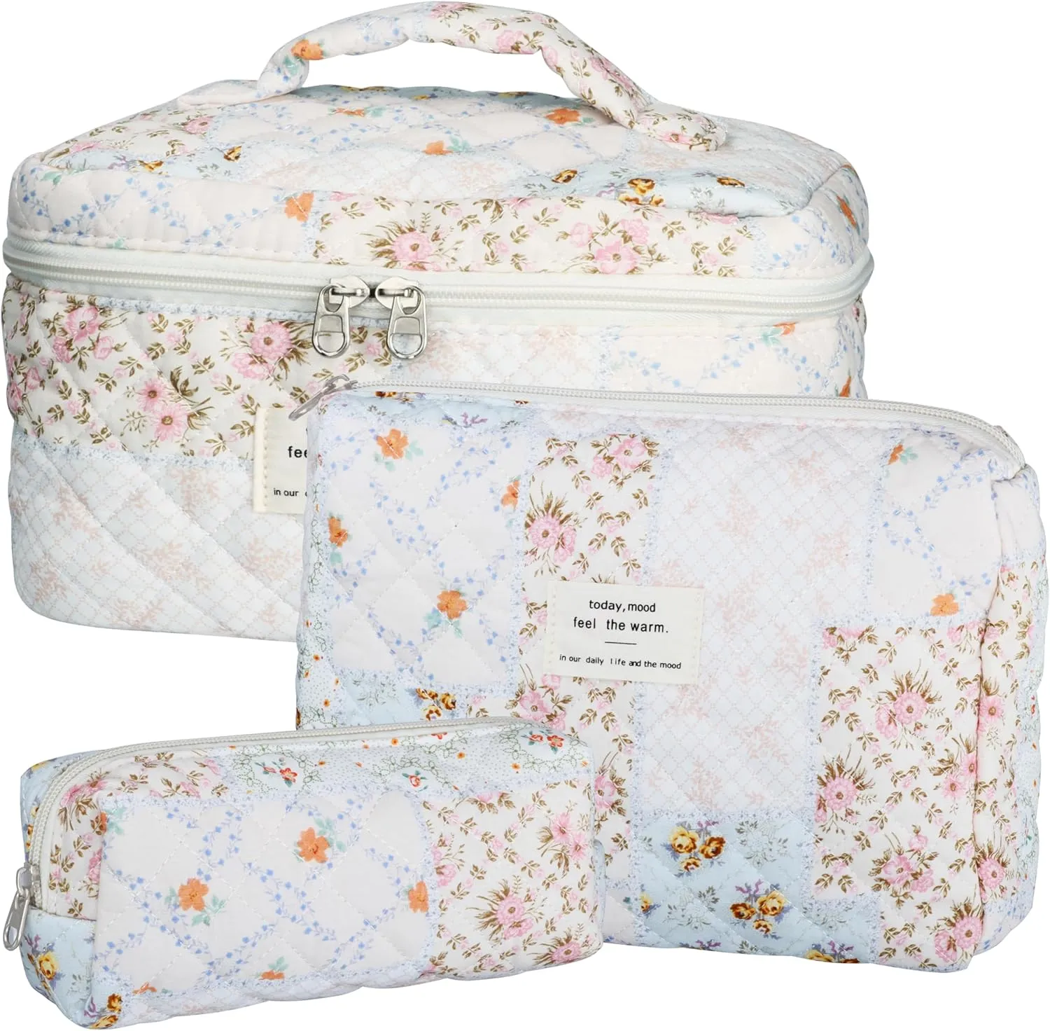 Quilted Makeup Bag Set - 3 PCS Cute Floral Cotton Makeup Bag, Large Coquette Aesthetic Make up Cosmetic Bag, Flower Travel Toiletry Organizer Bags for Women Girls