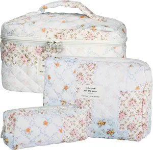 Quilted Makeup Bag Set - 3 PCS Cute Floral Cotton Makeup Bag, Large Coquette Aesthetic Make up Cosmetic Bag, Flower Travel Toiletry Organizer Bags for Women Girls