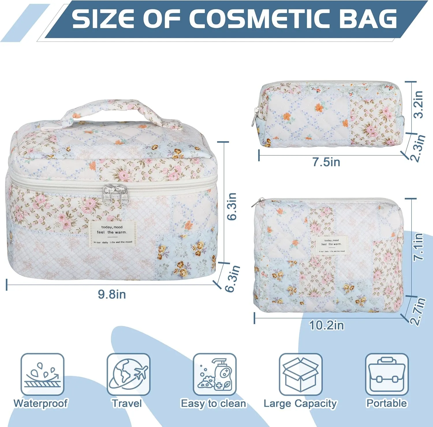 Quilted Makeup Bag Set - 3 PCS Cute Floral Cotton Makeup Bag, Large Coquette Aesthetic Make up Cosmetic Bag, Flower Travel Toiletry Organizer Bags for Women Girls