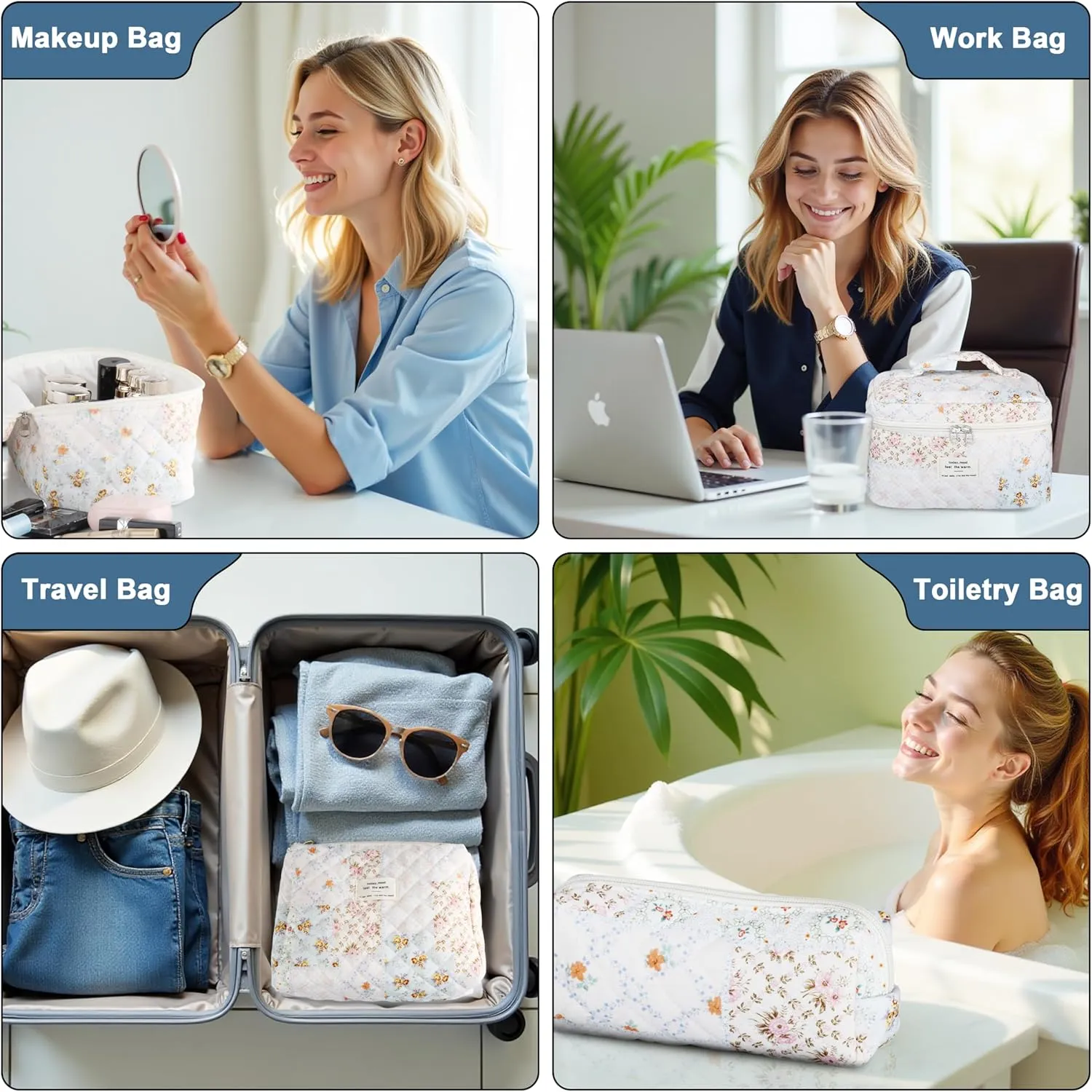 Quilted Makeup Bag Set - 3 PCS Cute Floral Cotton Makeup Bag, Large Coquette Aesthetic Make up Cosmetic Bag, Flower Travel Toiletry Organizer Bags for Women Girls